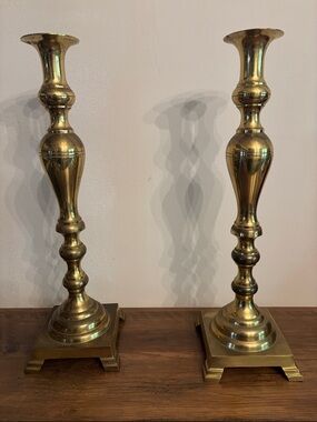 Polished Brass Candlestick Holder Pair - Gold Tone